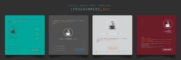 conjunto de plantillas de publicaciones en redes sociales con diseño de café de píxeles para el diseño del día internacional de los programadores vector