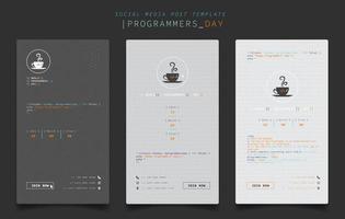 Social media post template with pixel coffee and coding text design for programmers day design vector