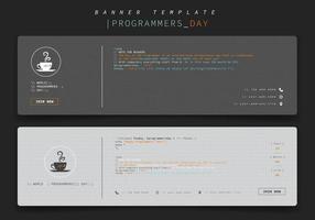 Banner template in landscape design with pixel coffee and coding text for programmers day design vector