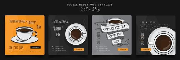 plantilla de publicación en redes sociales con café de dibujos animados y diseño de letras para el diseño de la campaña del día del café vector