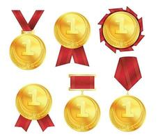 medallas de oro con cintas rojas vector