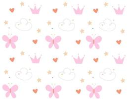 Baby patterns with pink butterfly, crowns and cute heart vector