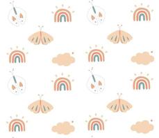 Cute and colorful hand drawn rainbow pattern with batterfly and clouds vector