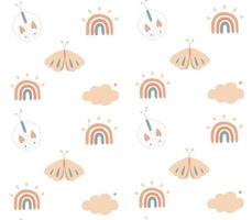 Cute and colorful hand drawn rainbow pattern with batterfly and clouds vector