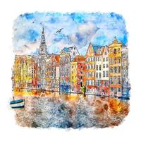 Amsterdam Netherlands Watercolor sketch hand drawn illustration vector