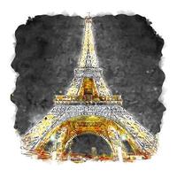 Night Eiffel Tower Paris France Watercolor sketch hand drawn illustration vector