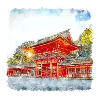 Shimogamo jinja Shrine Kyoto Japan Watercolor sketch hand drawn illustration vector