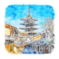 Hokan ji Temple Kyoto Japan Watercolor sketch hand drawn illustration vector