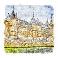 Conciergerie Paris France Watercolor sketch hand drawn illustration vector