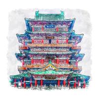 Architecture Castle China Watercolor sketch hand drawn illustration vector