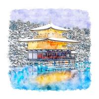 Kinkakuji Temple Japan Watercolor sketch hand drawn illustration vector