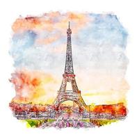 Eiffel Tower Paris France Watercolor sketch hand drawn illustration