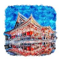 Sensoji Temple Asakusa Japan Watercolor sketch hand drawn illustration vector