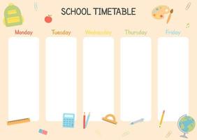 Cute childish school timetable. Weekly planner for students, pupils with days week, school study organizer vector template with cartoon school objects and symbols.