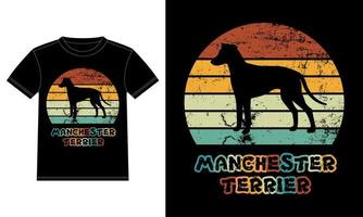 divertido manchester terrier retro vintage puesta de sol camiseta plantilla de diseño, tablero de manchester terrier, pegatina de ventana de coche, vaina, cubierta, fondo blanco aislado, regalo de silueta para amante de manchester terrier vector