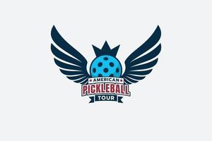 Pickleball tour logo with a combination of a ball, wings and and crown. vector