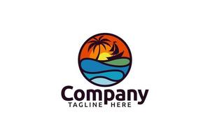 simple and clean beach logo with a beautiful beach view, there are sunsets, coconut trees and boats, in a circle. vector