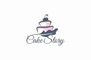 cake story logo with a combination of a cake and feather pen. vector