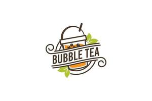 logotipo de la casa de té de burbujas con una combinación de casa, té de burbujas, taza y hoja. vector