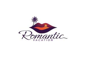 logo de vacaciones románticas con una combinación de labios y una hermosa vista del atardecer. vector