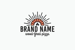 wood-fired pizza logo with a combination of an old wood-fired oven, sun, and sans sherif font. vector