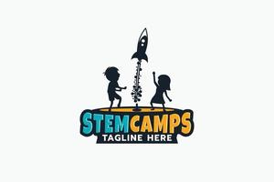 stem camps logo with kids having fun with water rocket experiment. vector