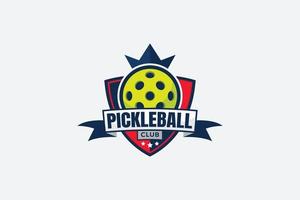 pickleball club logo with a ball, crown, shield, stars, and ribbon. vector