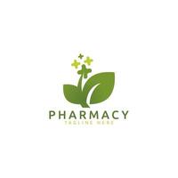 logotipo de farmacia con imagen de cruz y hojas para cualquier negocio, especialmente para farmacia, medicina, atención médica y médica. vector