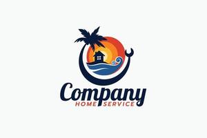 beach home service logo with sunset view, beach and wrench. vector