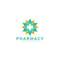logotipo de farmacia con imagen de cruz y hojas para cualquier negocio, especialmente para farmacia, medicina, atención médica y médica. vector