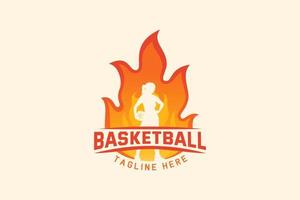 logotipo de baloncesto con una mujer sosteniendo una pelota en llamas para cualquier negocio, especialmente para un partido de baloncesto, club, equipo, partido, etc. vector