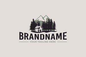 cabin logo vector graphic with pines and mountain for any business especially for outdoor activity, hunting, travel and holiday, etc.