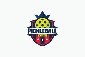 logo del club pickleball con una pelota, corona, escudo, estrellas y cinta. vector