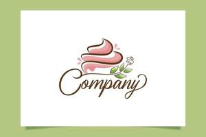 Fresh cake logo with a beauty cake, leaves, branch and whisk for any business especially for bakery, cakery, cookies, cafe, etc. vector