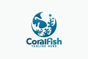 coral fish logo with coral ecosystem and swimming fish. vector