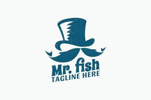 mr. fish logo with a combination of a hat, moustache, and fish. vector
