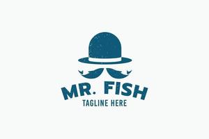 mr. fish logo with a combination of a hat, moustache, and fish. vector