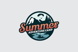 summer adventure camp logo with peoples doing outdoor activities, paragliding, canoeing. vector