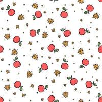 Seamless autumn pattern with apples and leaves. Red apples and maple leaves background. Apple pattern vector