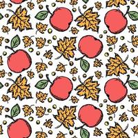 Seamless autumn pattern with apples and leaves. Red apples and maple leaves background. Apple pattern vector