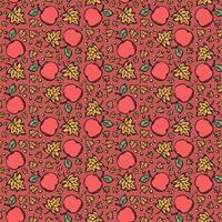 Seamless autumn pattern with apples and leaves. Red apples and maple leaves background. Apple pattern vector