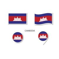 conjunto de iconos del logotipo de la bandera de camboya, iconos planos rectangulares, forma circular, marcador con banderas. vector