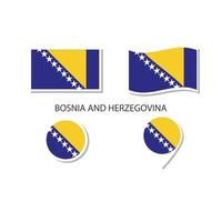 conjunto de iconos del logotipo de la bandera de bosnia y herzegovina, iconos planos rectangulares, forma circular, marcador con banderas. vector