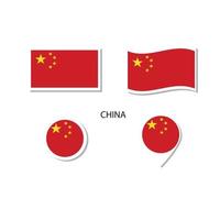 China flag logo icon set, rectangle flat icons, circular shape, marker with flags. vector