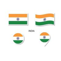 conjunto de iconos del logotipo de la bandera india, iconos planos rectangulares, forma circular, marcador con banderas. vector