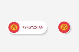 Bandera de botón de Kirguistán en ilustración de forma ovalada con palabra de Kirguistán. y botón bandera Kirguistán. vector