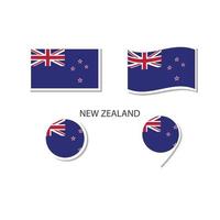 conjunto de iconos del logotipo de la bandera de nueva zelanda, iconos planos rectangulares, forma circular, marcador con banderas. vector
