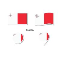 conjunto de iconos del logotipo de la bandera de malta, iconos planos rectangulares, forma circular, marcador con banderas. vector