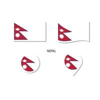 conjunto de iconos del logotipo de la bandera de nepal, iconos planos rectangulares, forma circular, marcador con banderas. vector