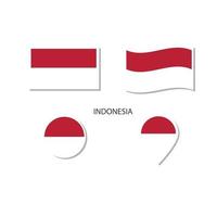 conjunto de iconos del logotipo de la bandera de indonesia, iconos planos rectangulares, forma circular, marcador con banderas. vector